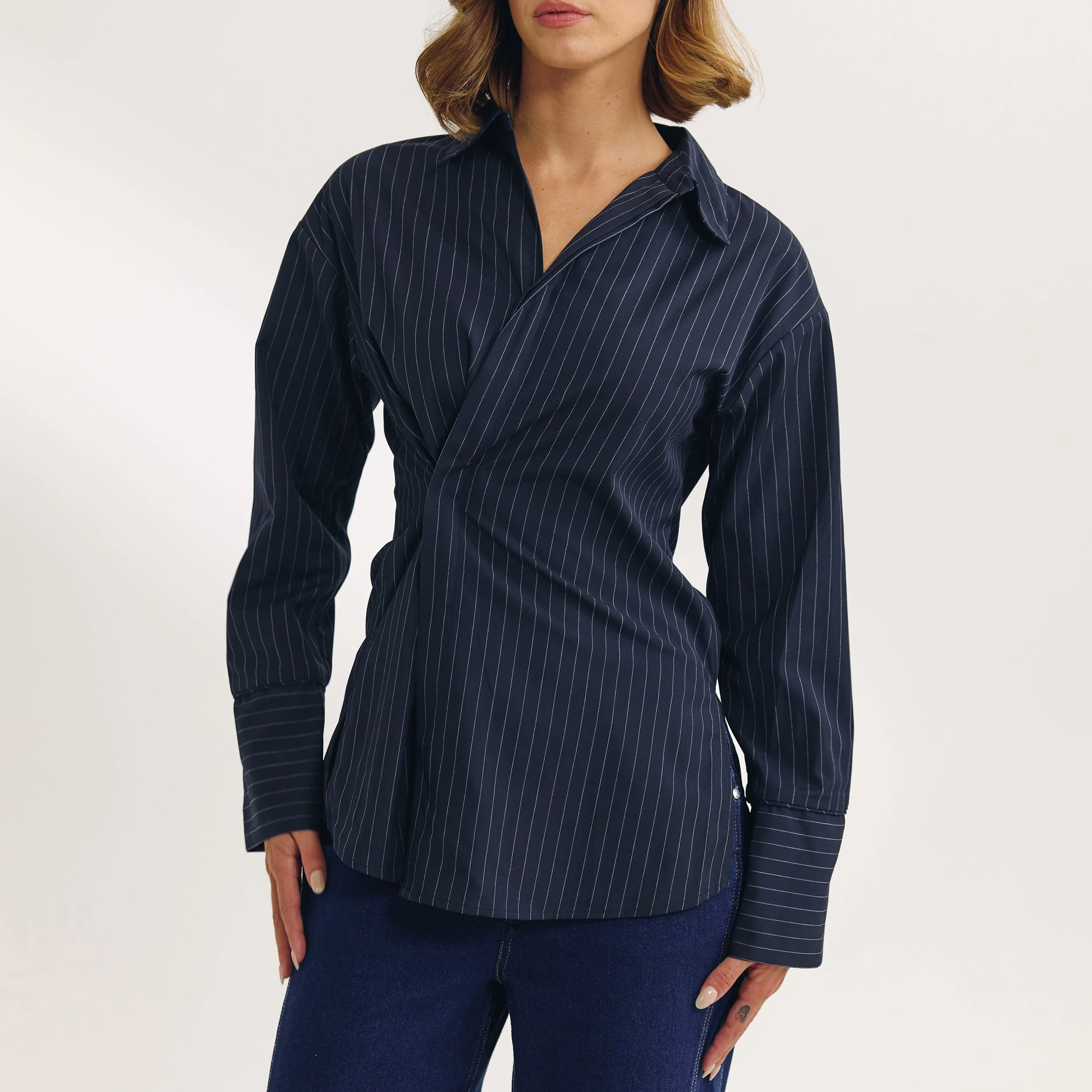 Asymmetric Shirt - Navy Pinstripe - Image 3