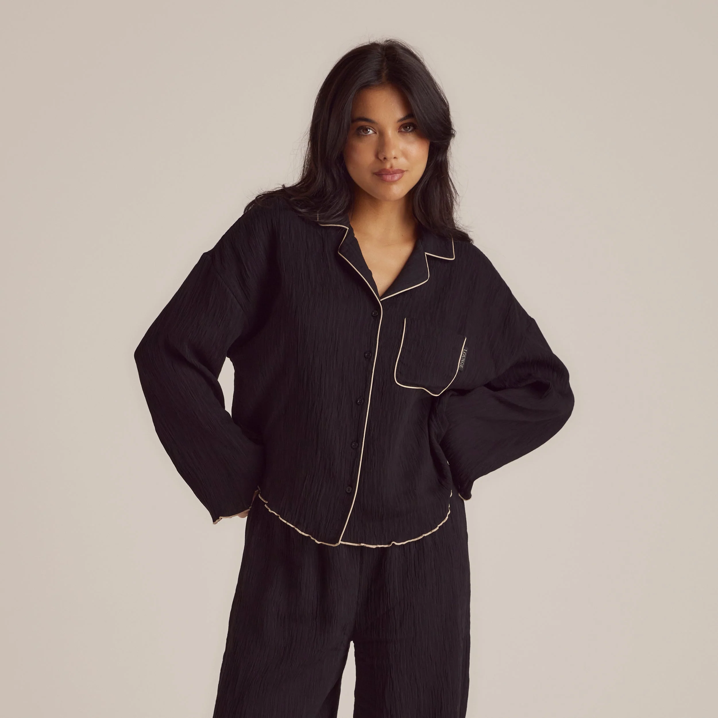 Crinkle Pyjama Shirt - Black - Image 11