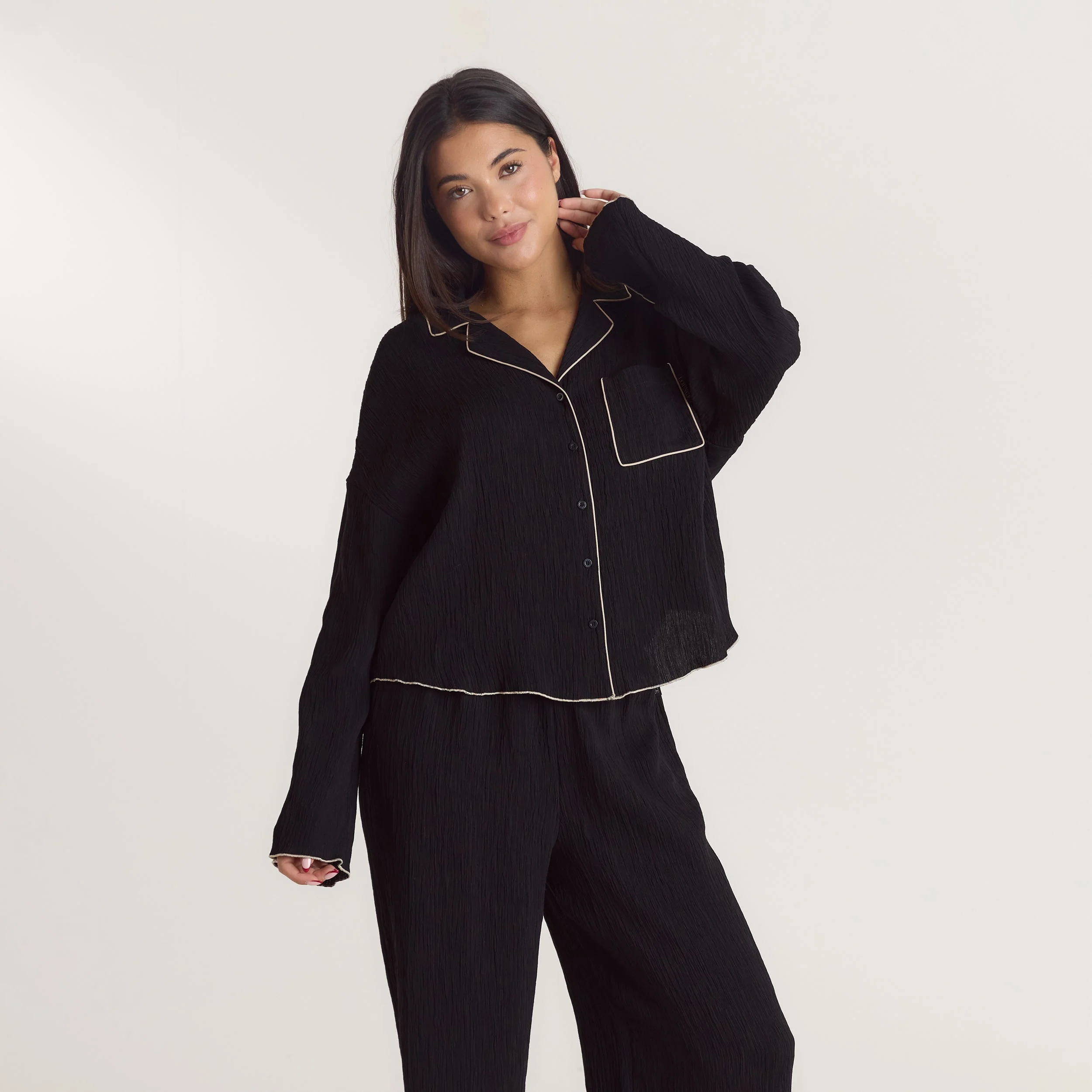 Crinkle Pyjama Shirt - Black - Image 3