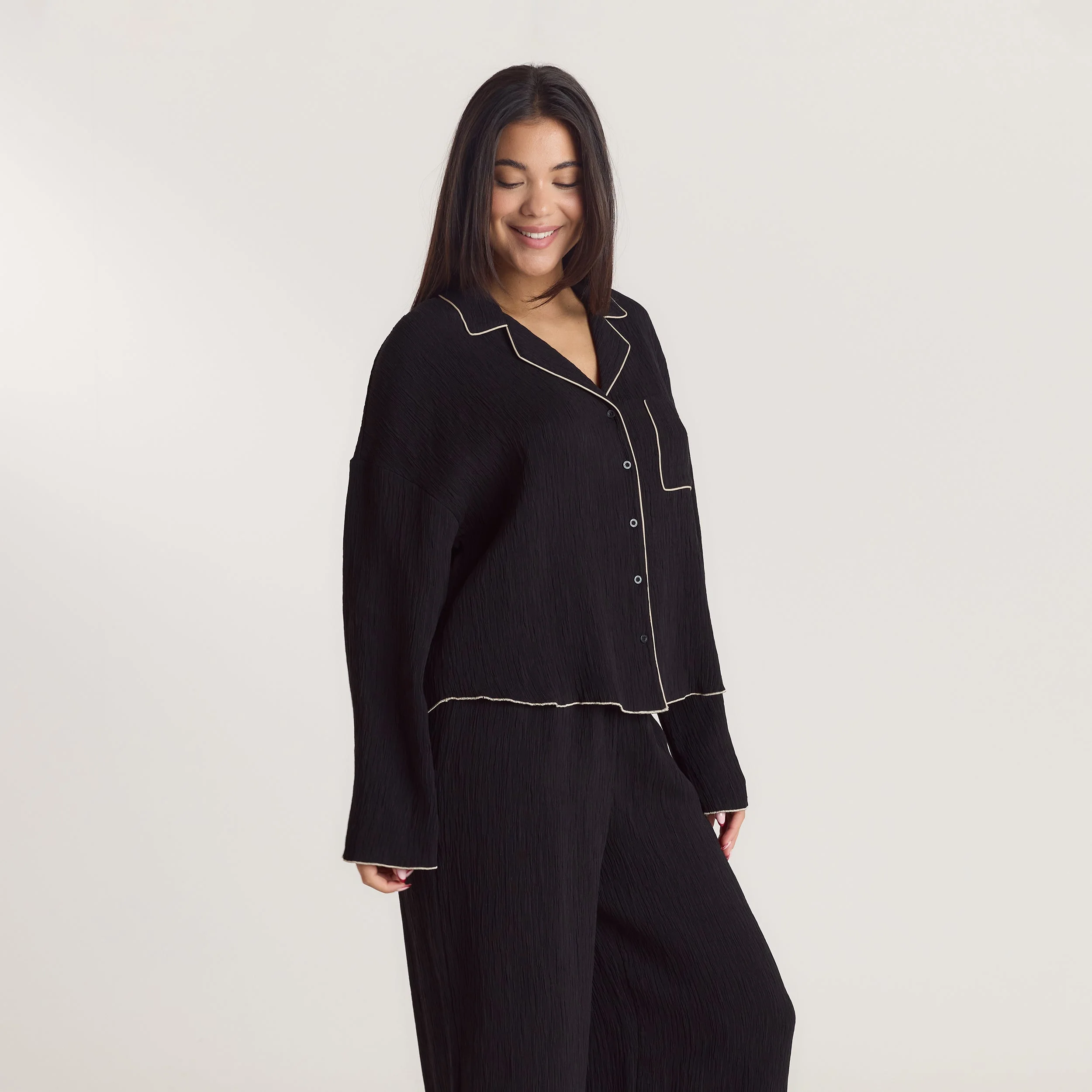 Crinkle Pyjama Shirt - Black - Image 6