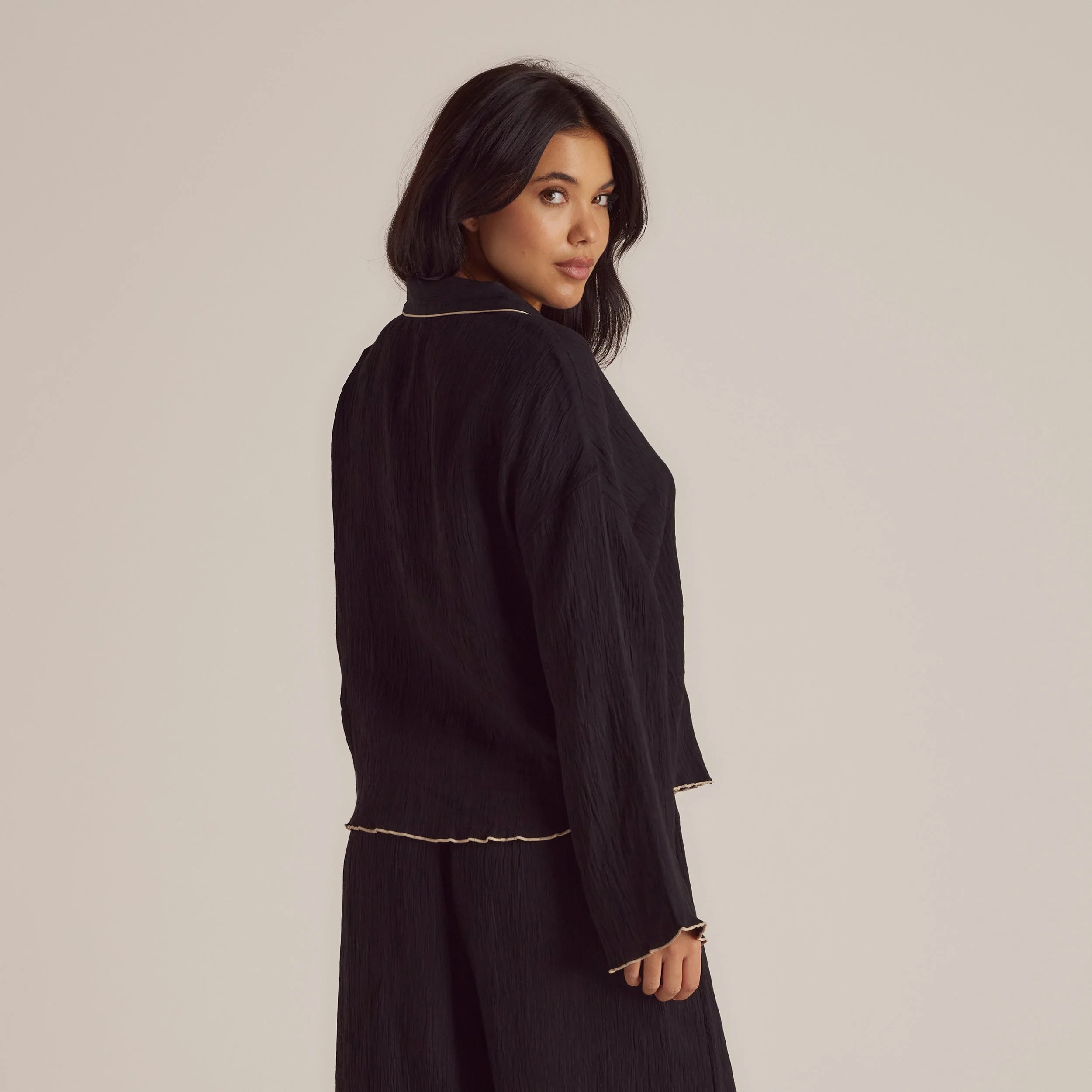 Crinkle Pyjama Shirt - Black - Image 8
