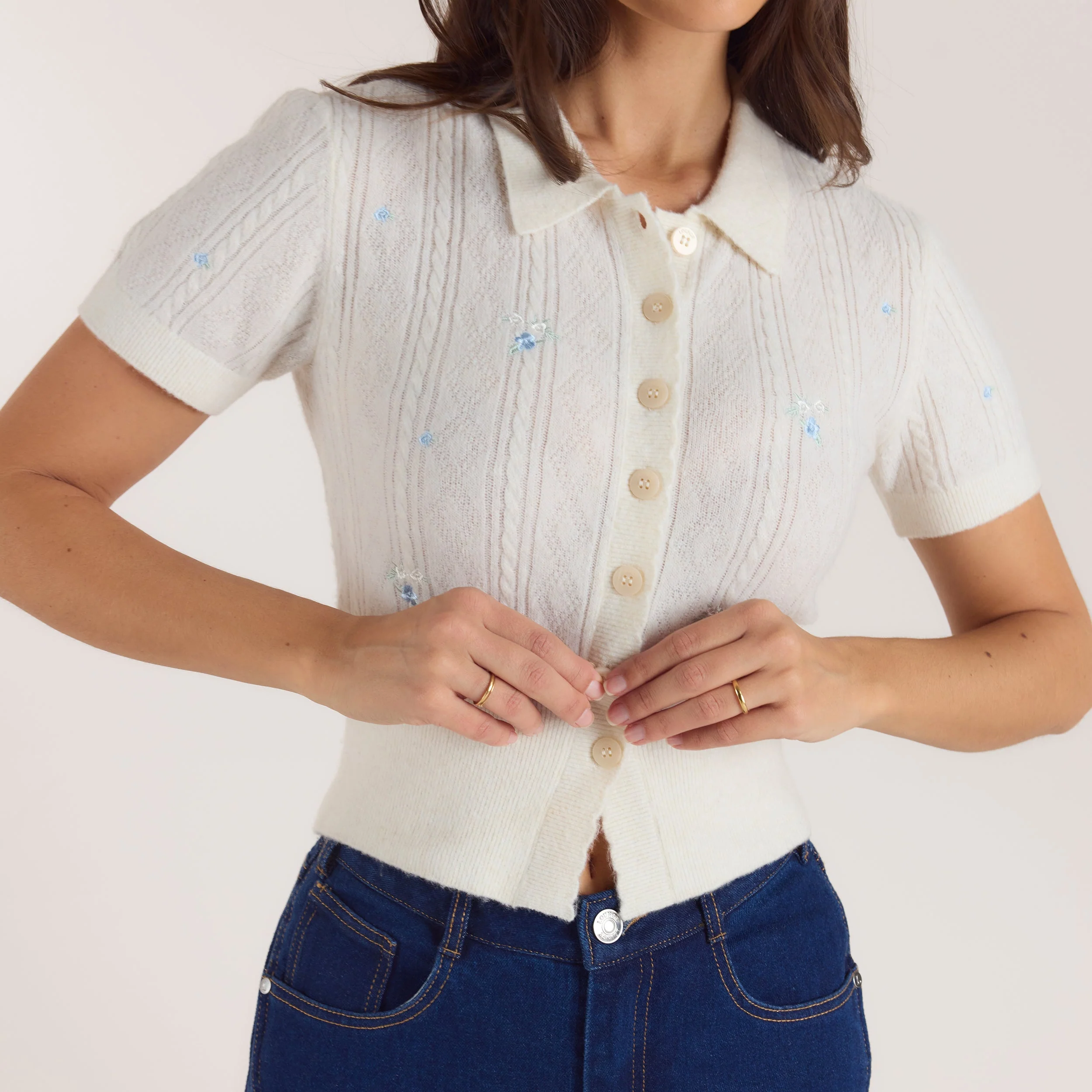 Embroidered Knitted Top - Cream - Image 3