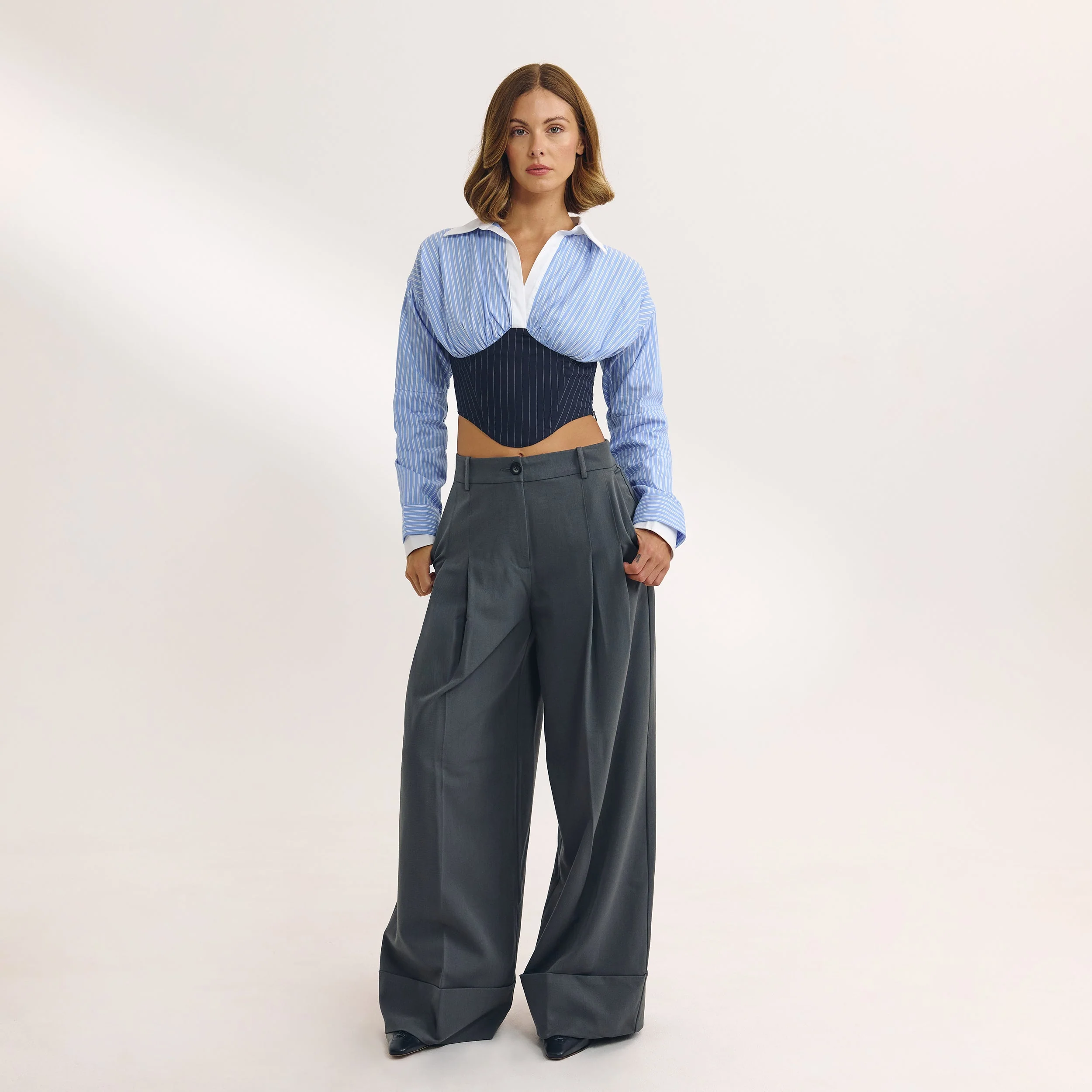 Long-Sleeved Corset Shirt - Blue - Image 6