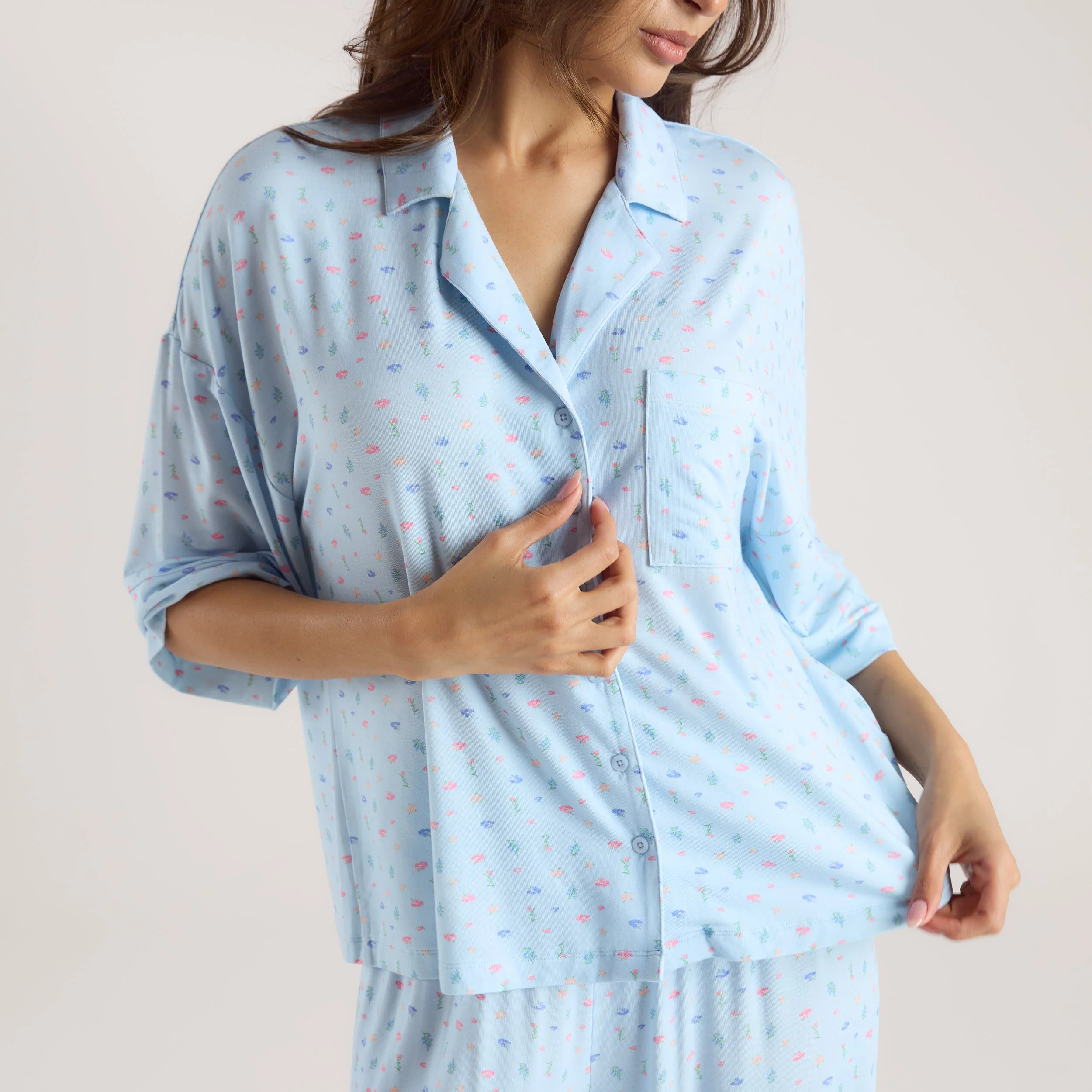 Modal Short Sleeve Pyjama Shirt - Blue Floral - Image 3