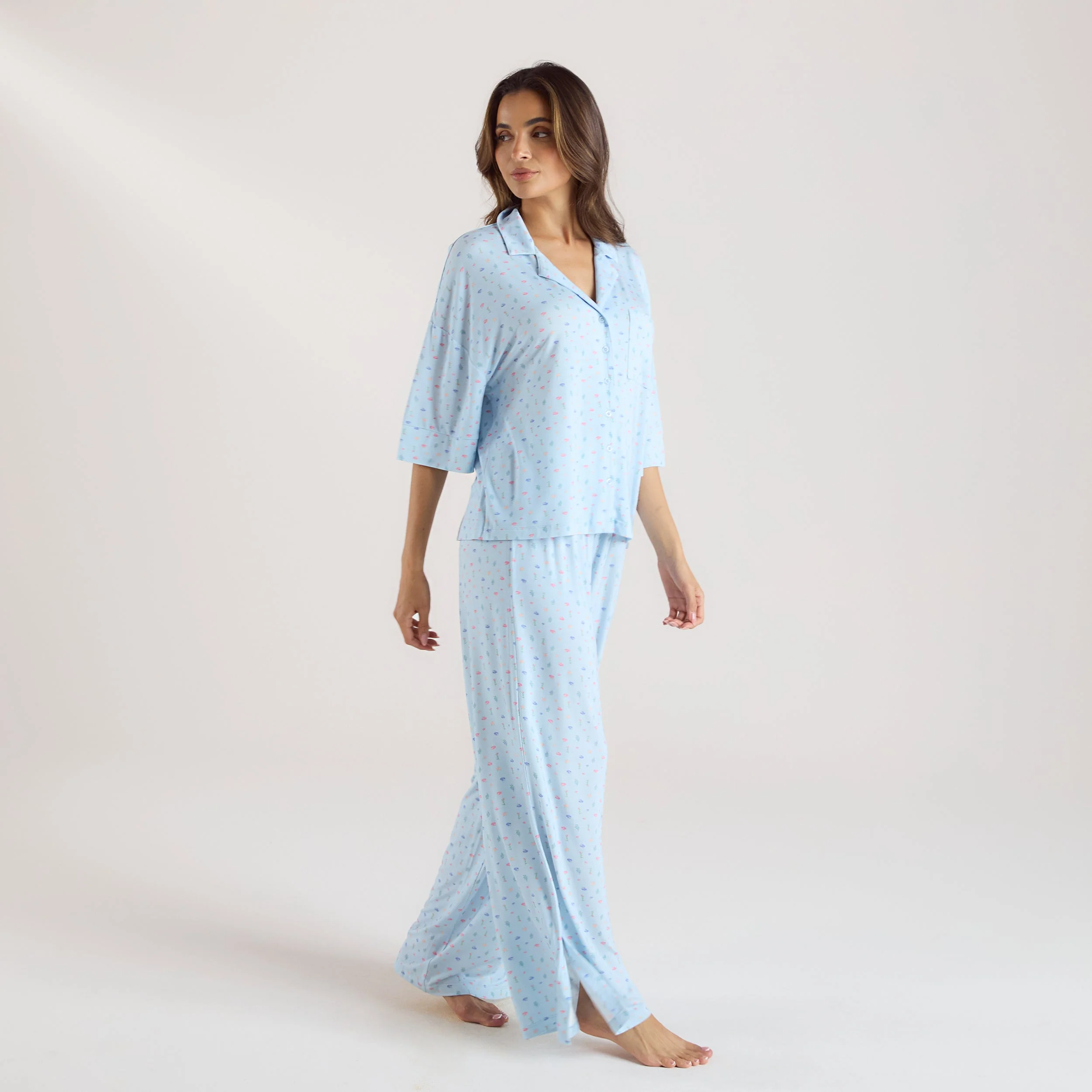 Modal Short Sleeve Pyjama Shirt - Blue Floral - Image 4