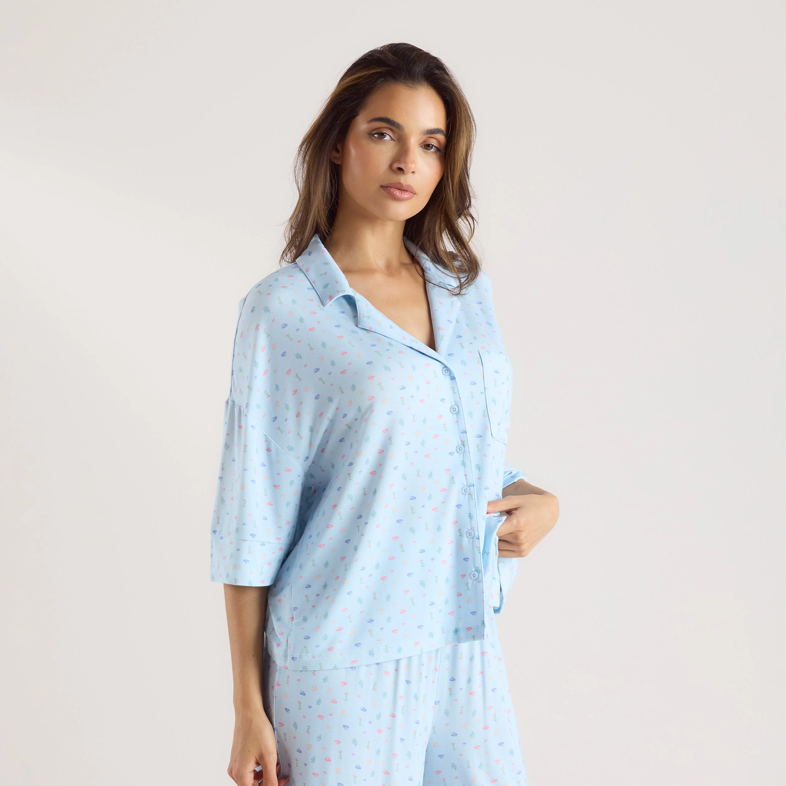 Modal Short Sleeve Pyjama Shirt - Blue Floral - Image 6