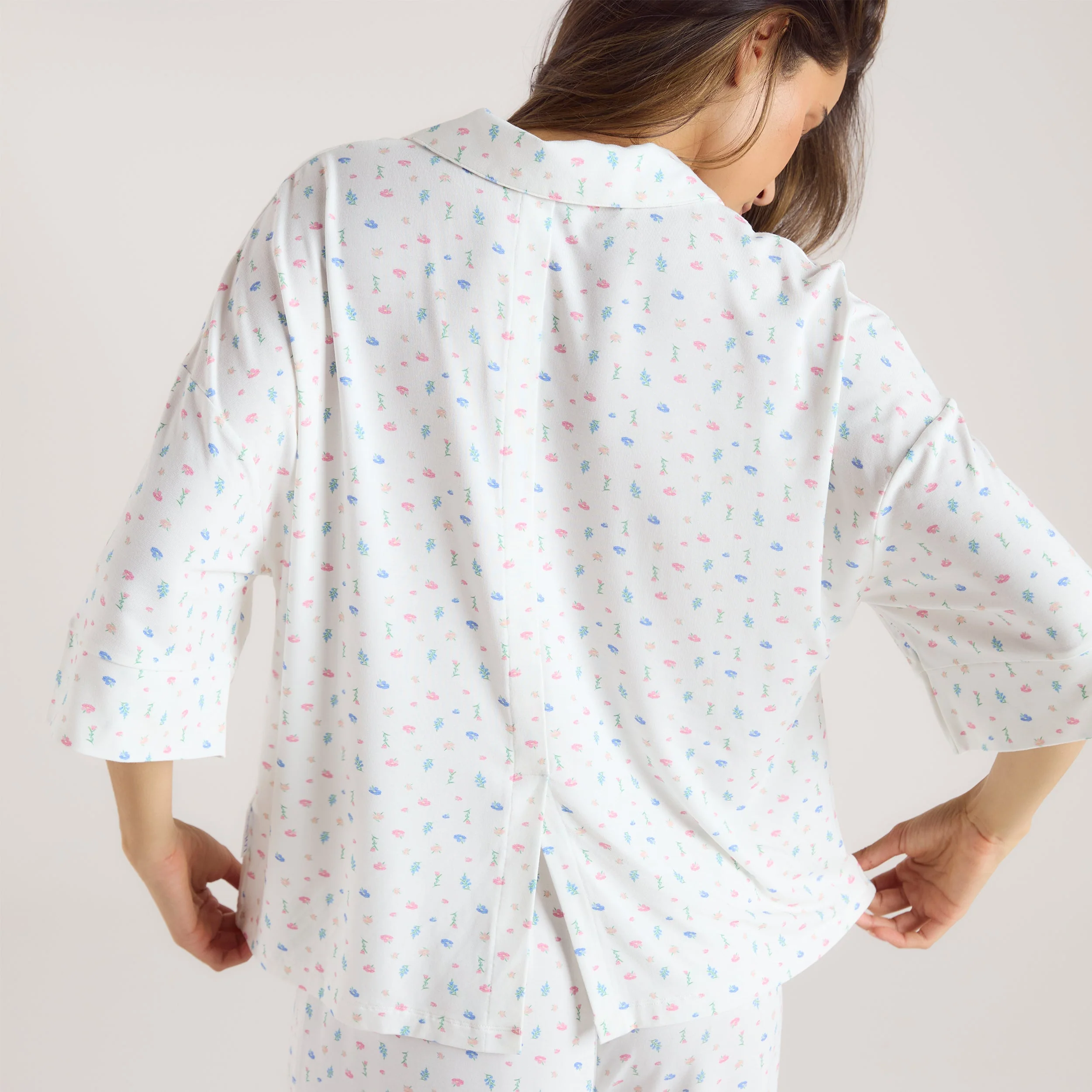 Modal Short Sleeve Pyjama Shirt - White Floral - Image 3